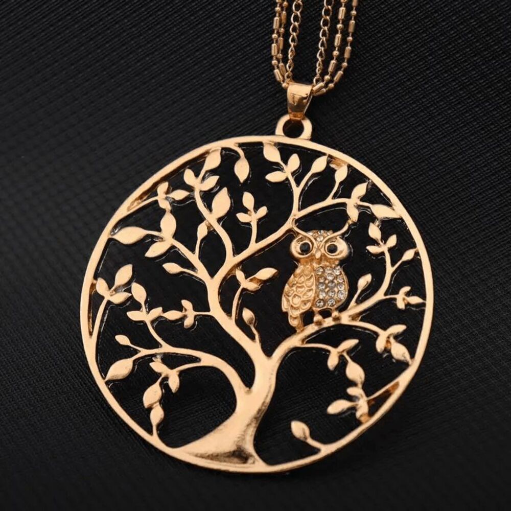 Tree Of Life Diamond Owl Pendant Triple Chain Necklace